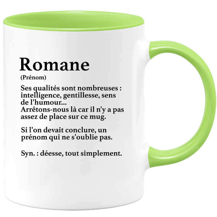 quotedazur - Mug Définition Prénom Romane Déesse Tout Simplement - Cadeau Humour Prénom - Idée Cadeau Famille Saint Valentin - Tasse Prénom Romane - Idéal Pour Noël Au Bureau