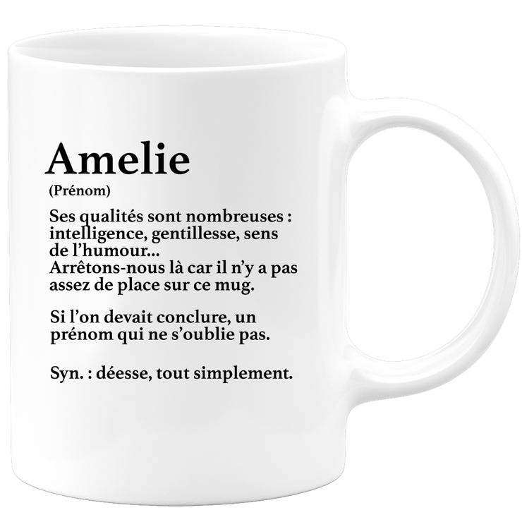 quotedazur - Mug Définition Prénom Amelie Déesse Tout Simplement - Cadeau Humour Prénom - Idée Cadeau Famille Saint Valentin - Tasse Prénom Amelie - Idéal Pour Noël Au Bureau