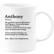 quotedazur - Mug Définition Prénom Anthony Dieu Tout Simplement - Cadeau Humour Prénom - Idée Cadeau Famille Saint Valentin - Tasse Prénom Anthony