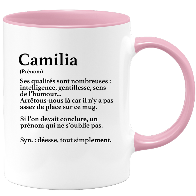 quotedazur - Mug Définition Prénom Camilia Déesse Tout Simplement - Cadeau Humour Prénom - Idée Cadeau Famille Saint Valentin - Tasse Prénom Camilia - Idéal Pour Noël Au Bureau