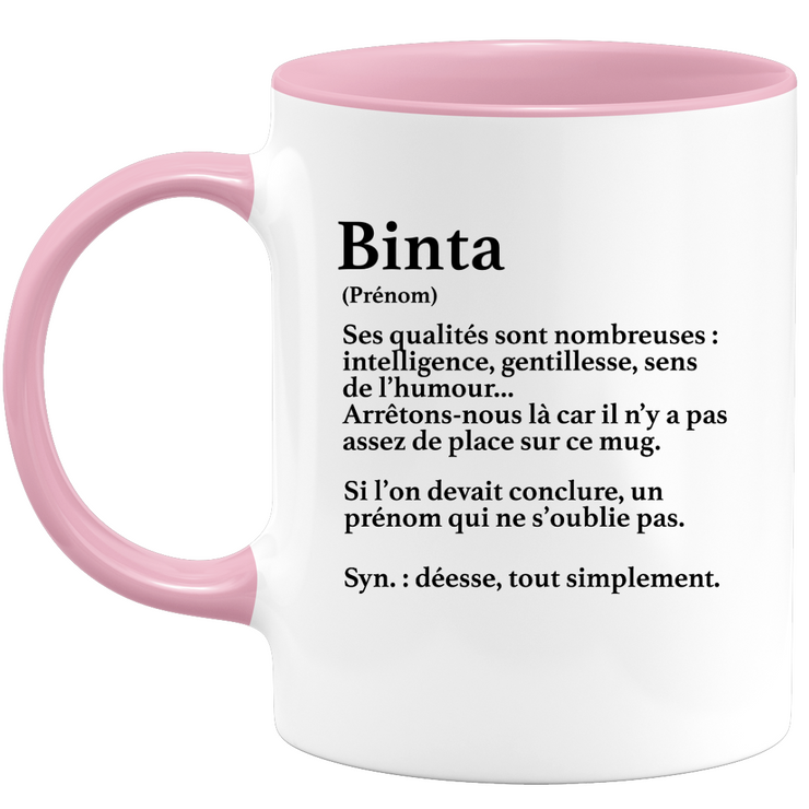 quotedazur - Mug Définition Prénom Binta Déesse Tout Simplement - Cadeau Humour Prénom - Idée Cadeau Famille Saint Valentin - Tasse Prénom Binta - Idéal Pour Noël Au Bureau