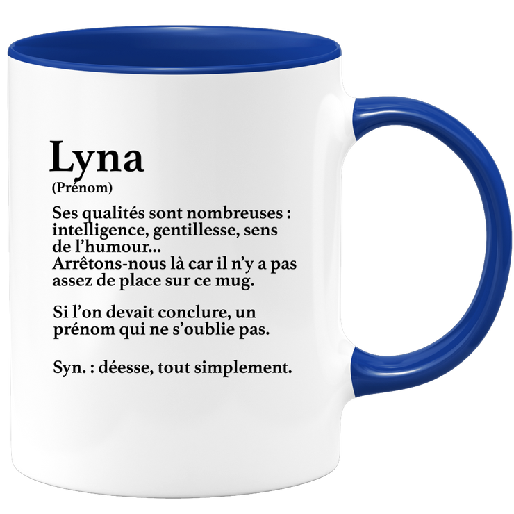 quotedazur - Mug Définition Prénom Lyna Déesse Tout Simplement - Cadeau Humour Prénom - Idée Cadeau Famille Saint Valentin - Tasse Prénom Lyna - Idéal Pour Noël Au Bureau