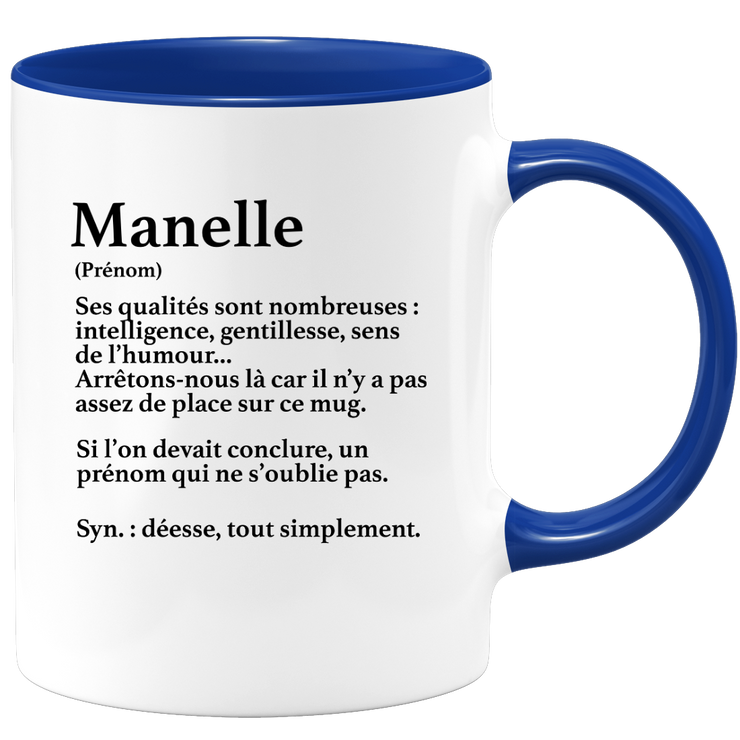 quotedazur - Mug Définition Prénom Manelle Déesse Tout Simplement - Cadeau Humour Prénom - Idée Cadeau Famille Saint Valentin - Tasse Prénom Manelle - Idéal Pour Noël Au Bureau