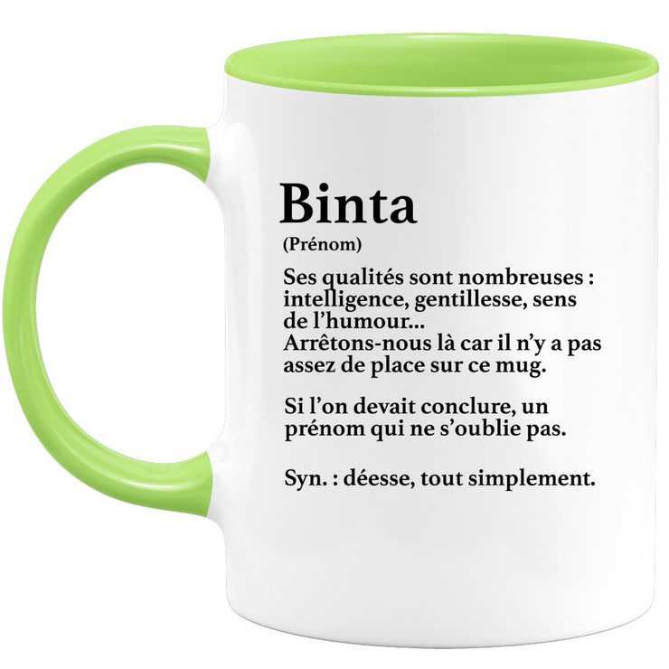 quotedazur - Mug Définition Prénom Binta Déesse Tout Simplement - Cadeau Humour Prénom - Idée Cadeau Famille Saint Valentin - Tasse Prénom Binta - Idéal Pour Noël Au Bureau