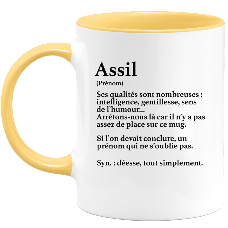 quotedazur - Mug Définition Prénom Assil Déesse Tout Simplement - Cadeau Humour Prénom - Idée Cadeau Famille Saint Valentin - Tasse Prénom Assil - Idéal Pour Noël Au Bureau