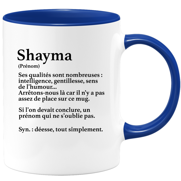 quotedazur - Mug Définition Prénom Shayma Déesse Tout Simplement - Cadeau Humour Prénom - Idée Cadeau Famille Saint Valentin - Tasse Prénom Shayma - Idéal Pour Noël Au Bureau