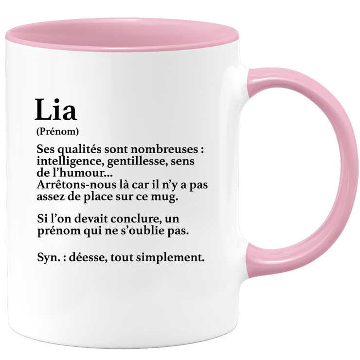 quotedazur - Mug Définition Prénom Lia Déesse Tout Simplement - Cadeau Humour Prénom - Idée Cadeau Famille Saint Valentin - Tasse Prénom Lia - Idéal Pour Noël Au Bureau