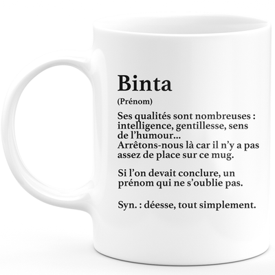 quotedazur - Mug Définition Prénom Binta Déesse Tout Simplement - Cadeau Humour Prénom - Idée Cadeau Famille Saint Valentin - Tasse Prénom Binta - Idéal Pour Noël Au Bureau